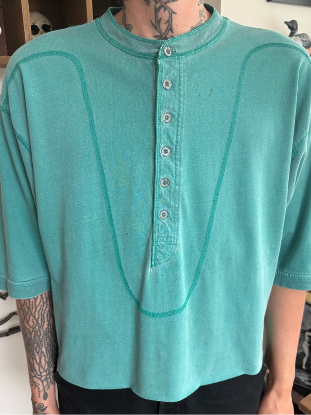 Vintage 80s 90s Cropped Teal Blue S/S Unique Henley Shirt ~ Size Medium